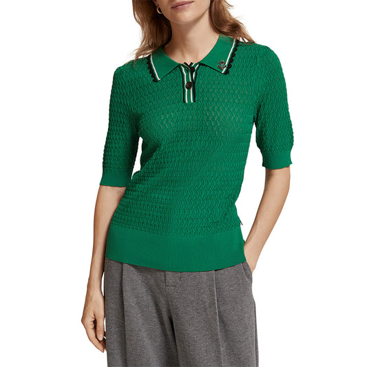 Scotch & Soda : Pointelle collared knitted polo shirt - Pine - Collector Store