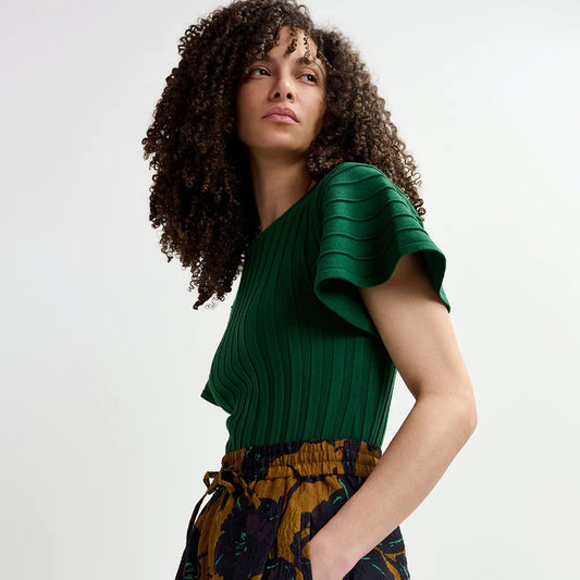 Essentiel Antwerp | Georgie Jumper rib-knitted top with flared short sleeves - Green - Collector Store