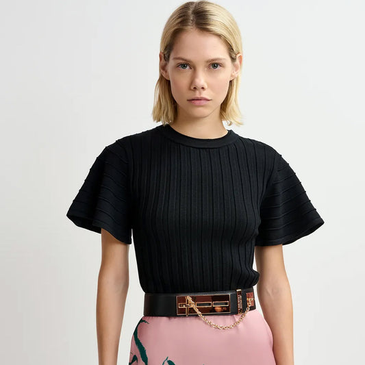 Essentiel Antwerp | Georgie Jumper rib-knitted top with flared short sleeves - Black - Collector Store